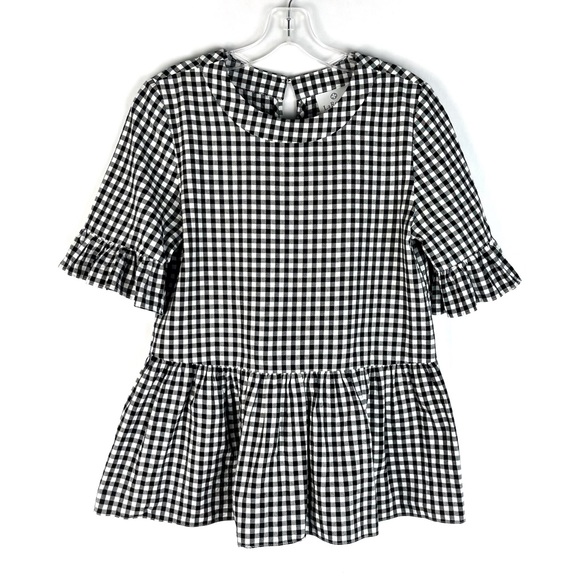 LaRoque Tops - LaRoque Original White & Black Gingham Plaid Peplum Hem Knit Ruffle Sleeve Top
